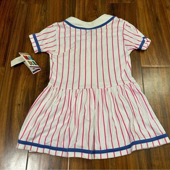 Happy Kids Vintage Team Sports baseball white pink stripe short sleeve dress - Picture 2 of 4